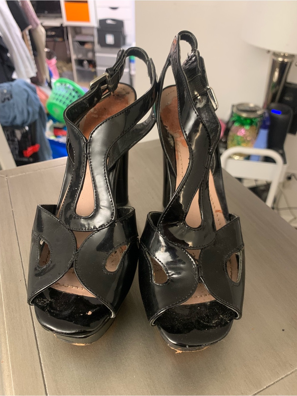 Vince Camuto Black Patent Cutout Slingback Platform Heels